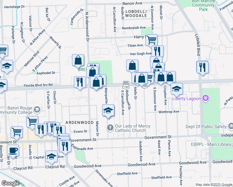 map of restaurants, bars, coffee shops, grocery stores, and more near 6536 Florida Boulevard in Baton Rouge