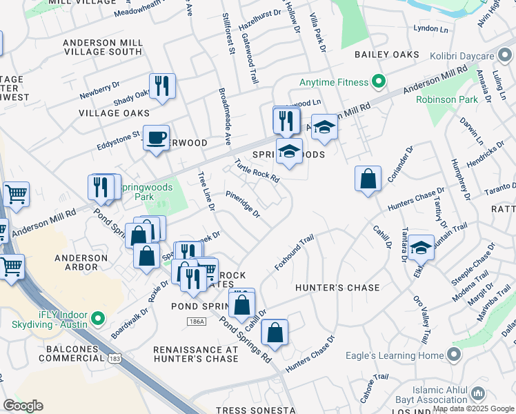 map of restaurants, bars, coffee shops, grocery stores, and more near 8708 Pineridge Drive in Austin