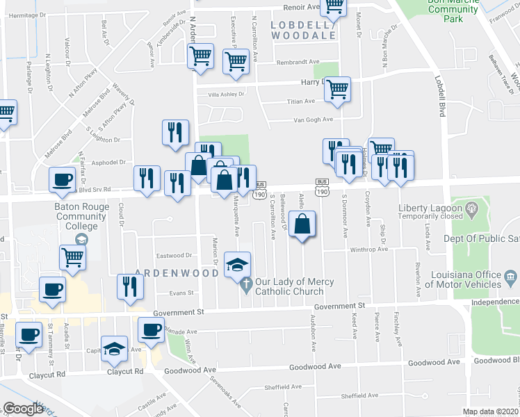 map of restaurants, bars, coffee shops, grocery stores, and more near 6536 Florida Boulevard in Baton Rouge