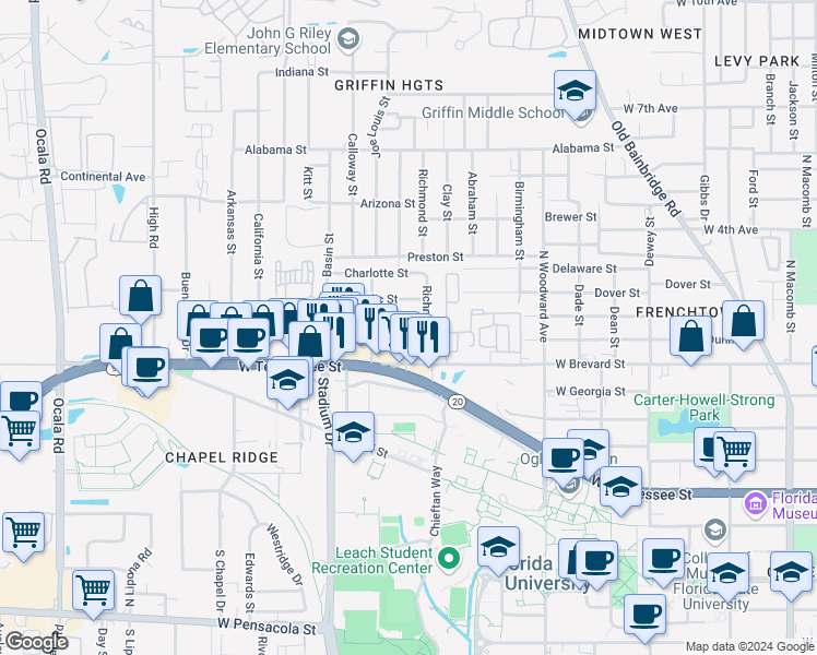 map of restaurants, bars, coffee shops, grocery stores, and more near 1317b Hancock Street in Tallahassee