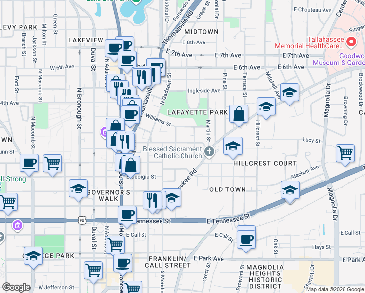 map of restaurants, bars, coffee shops, grocery stores, and more near 426 Wilson Avenue in Tallahassee