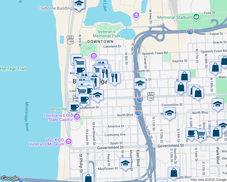 map of restaurants, bars, coffee shops, grocery stores, and more near 660 Laurel Street in Baton Rouge