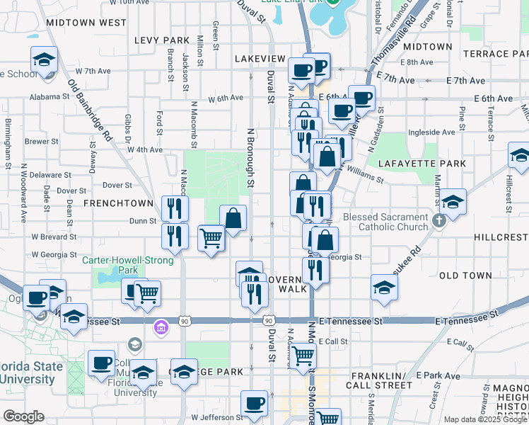 map of restaurants, bars, coffee shops, grocery stores, and more near 210 West 1st Avenue in Tallahassee
