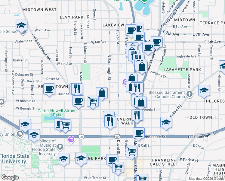 map of restaurants, bars, coffee shops, grocery stores, and more near 210 West 1st Avenue in Tallahassee