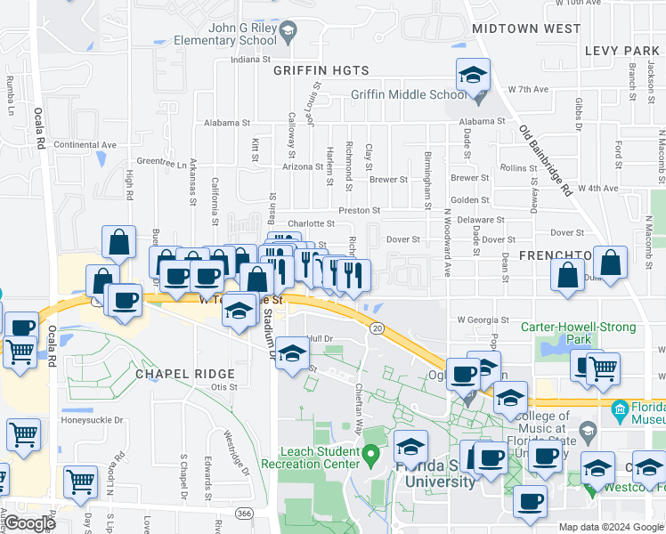 map of restaurants, bars, coffee shops, grocery stores, and more near Hancock Street in Tallahassee