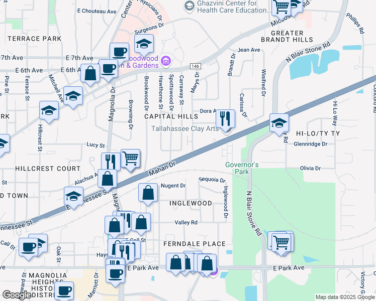 map of restaurants, bars, coffee shops, grocery stores, and more near 912 Marys Drive in Tallahassee