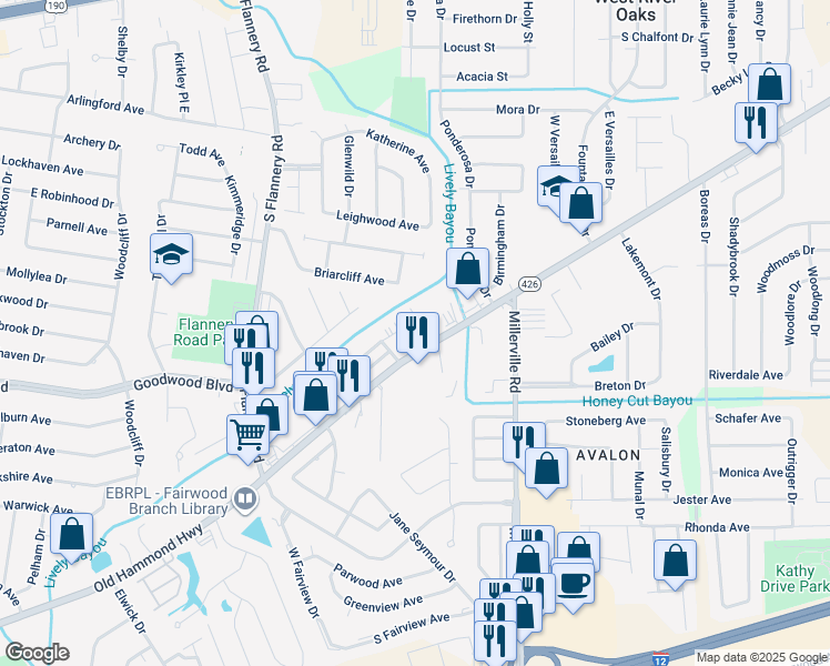 map of restaurants, bars, coffee shops, grocery stores, and more near in East Baton Rouge Parish