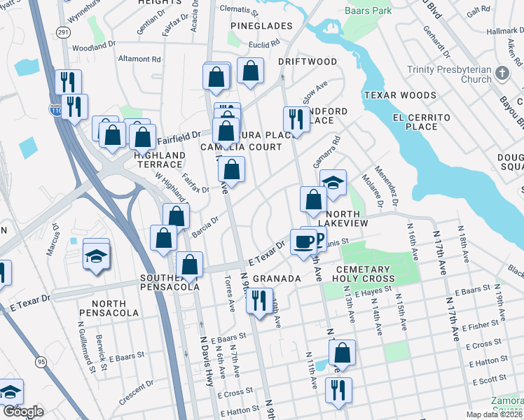 map of restaurants, bars, coffee shops, grocery stores, and more near 207 Ariola Avenue in Pensacola