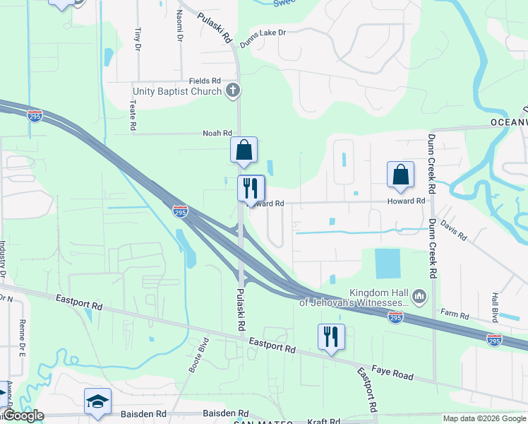 map of restaurants, bars, coffee shops, grocery stores, and more near 11892 Lake Bend Circle in Jacksonville