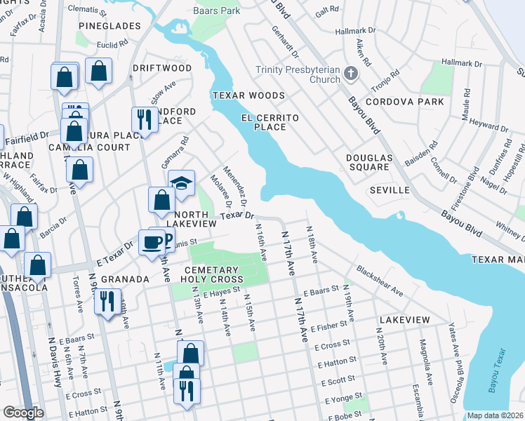 map of restaurants, bars, coffee shops, grocery stores, and more near 1575 Texar Drive in Pensacola