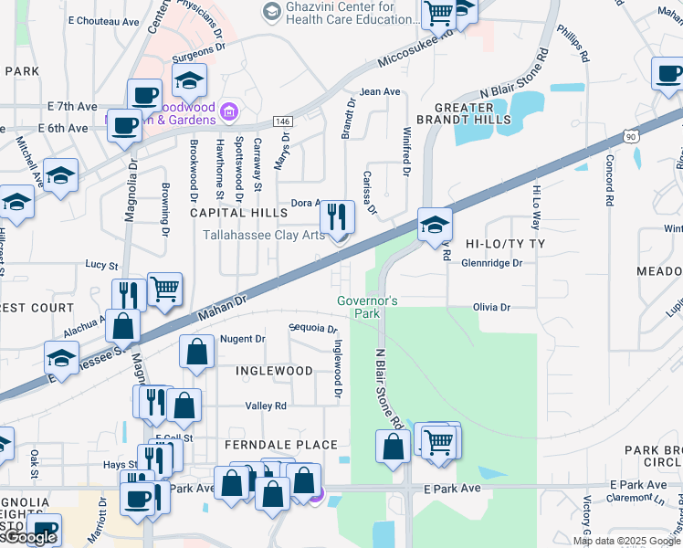 map of restaurants, bars, coffee shops, grocery stores, and more near 729 Pointe Court in Tallahassee