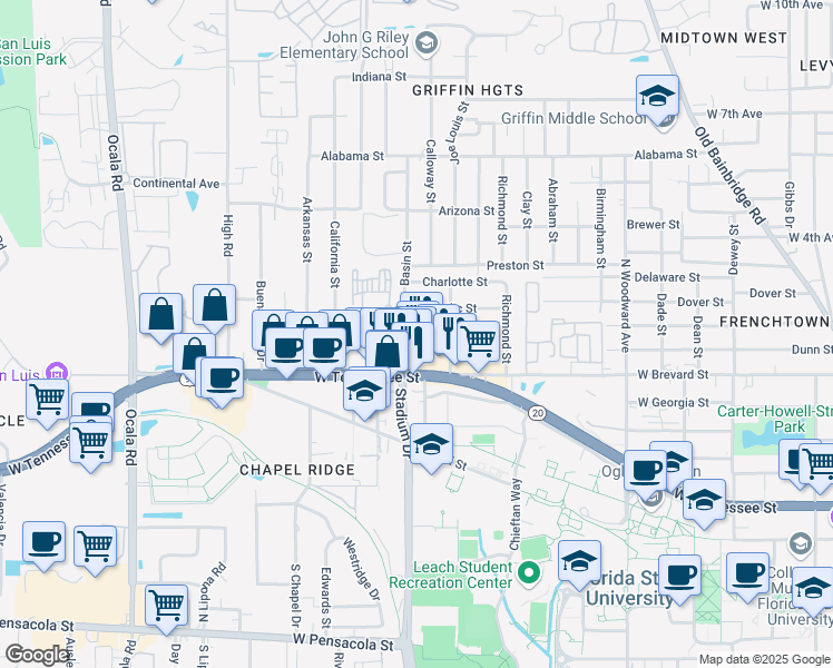map of restaurants, bars, coffee shops, grocery stores, and more near 1416 West Tennessee Street in Tallahassee