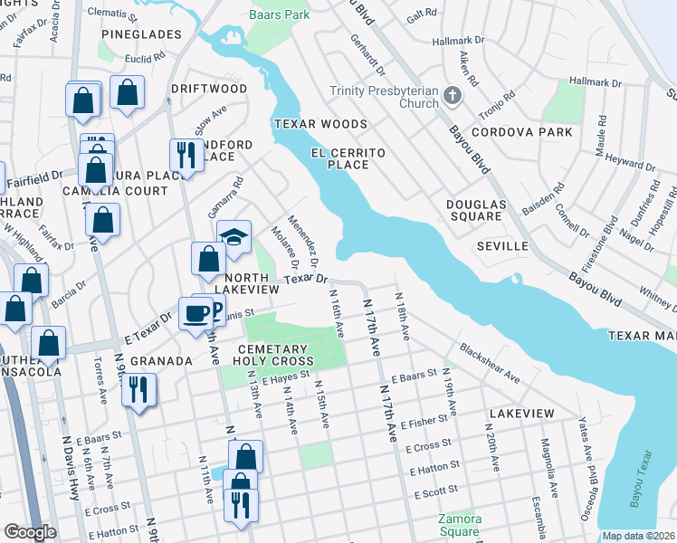 map of restaurants, bars, coffee shops, grocery stores, and more near 1575 Texar Drive in Pensacola