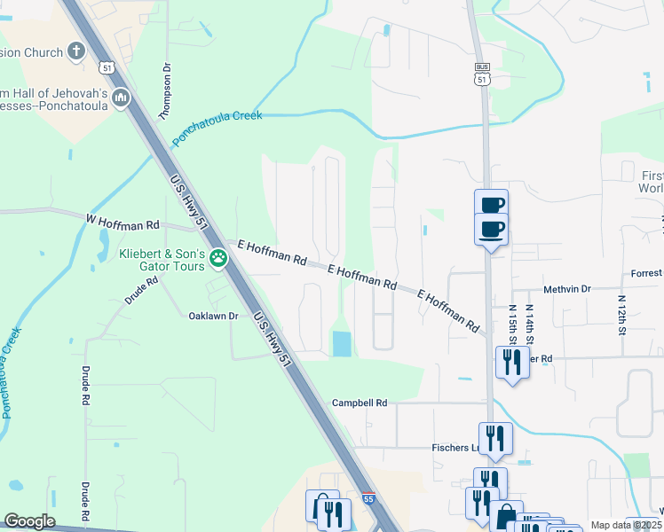map of restaurants, bars, coffee shops, grocery stores, and more near 87 Ordoyne Lane in Ponchatoula
