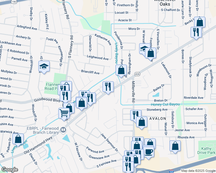 map of restaurants, bars, coffee shops, grocery stores, and more near in East Baton Rouge Parish