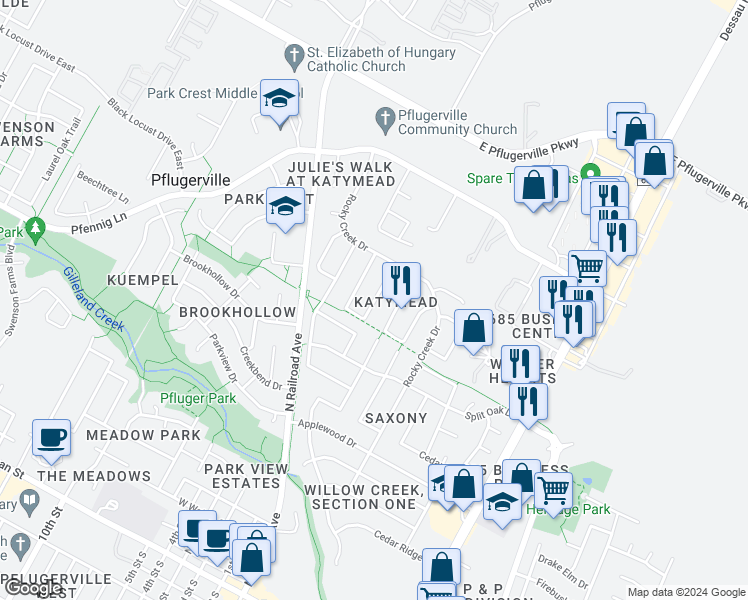 map of restaurants, bars, coffee shops, grocery stores, and more near 1206 Brophy Drive in Pflugerville