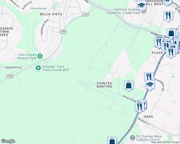 map of restaurants, bars, coffee shops, grocery stores, and more near 12421 Painted Bunting Drive in Austin