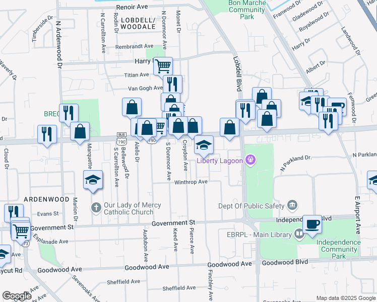 map of restaurants, bars, coffee shops, grocery stores, and more near 145 Croydon Avenue in Baton Rouge