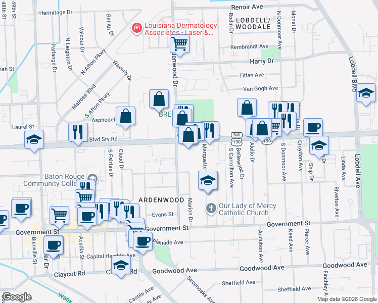 map of restaurants, bars, coffee shops, grocery stores, and more near 6184 Florida Boulevard in Baton Rouge