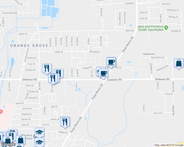 map of restaurants, bars, coffee shops, grocery stores, and more near Terri Road in Gulfport