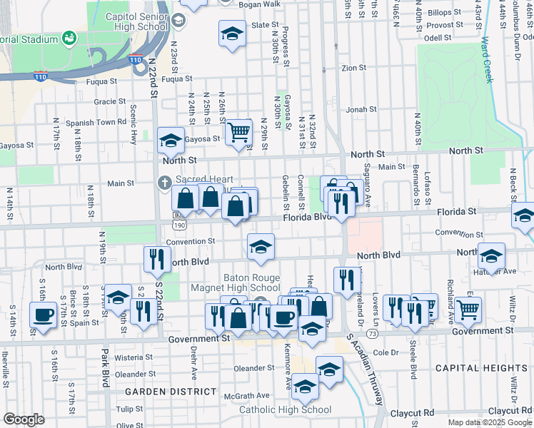 map of restaurants, bars, coffee shops, grocery stores, and more near 2840 Florida Boulevard in Baton Rouge