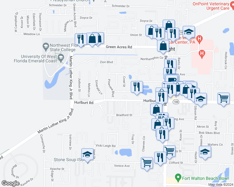map of restaurants, bars, coffee shops, grocery stores, and more near 404 Cloverdale Boulevard in Fort Walton Beach