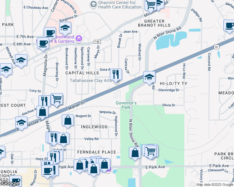 map of restaurants, bars, coffee shops, grocery stores, and more near Pointe Court in Tallahassee