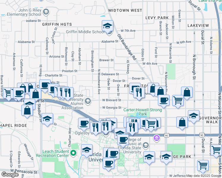 map of restaurants, bars, coffee shops, grocery stores, and more near 840 Dunn Street in Tallahassee