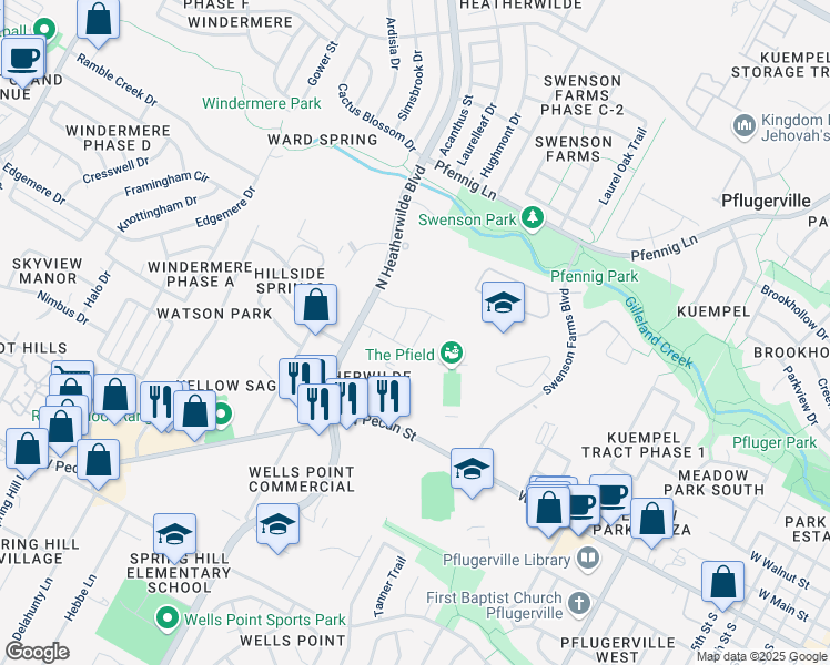 map of restaurants, bars, coffee shops, grocery stores, and more near 207 Homily Drive in Pflugerville