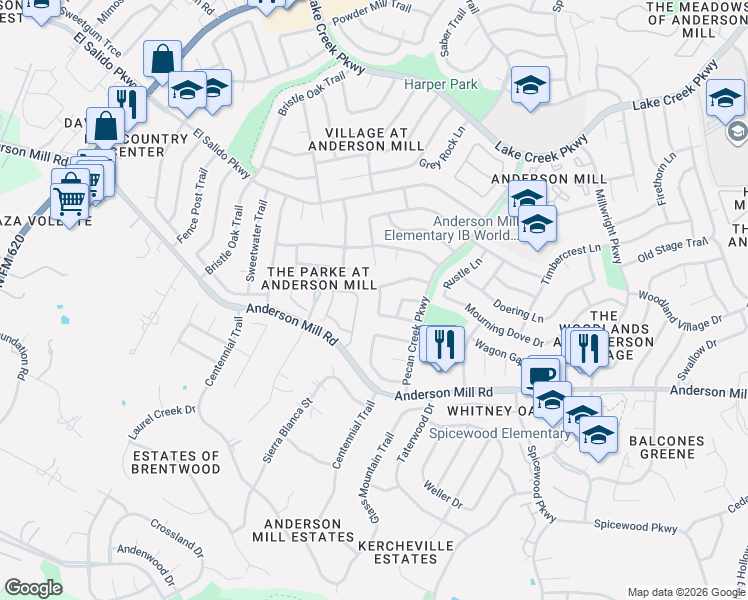 map of restaurants, bars, coffee shops, grocery stores, and more near 10911 Thicket Trail in Austin