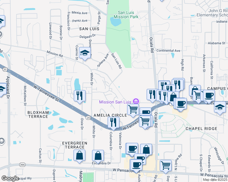 map of restaurants, bars, coffee shops, grocery stores, and more near 2199 Timberwood Circle North in Tallahassee
