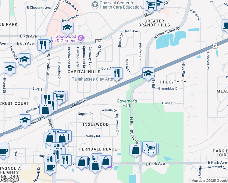map of restaurants, bars, coffee shops, grocery stores, and more near 724 Pointe Court in Tallahassee