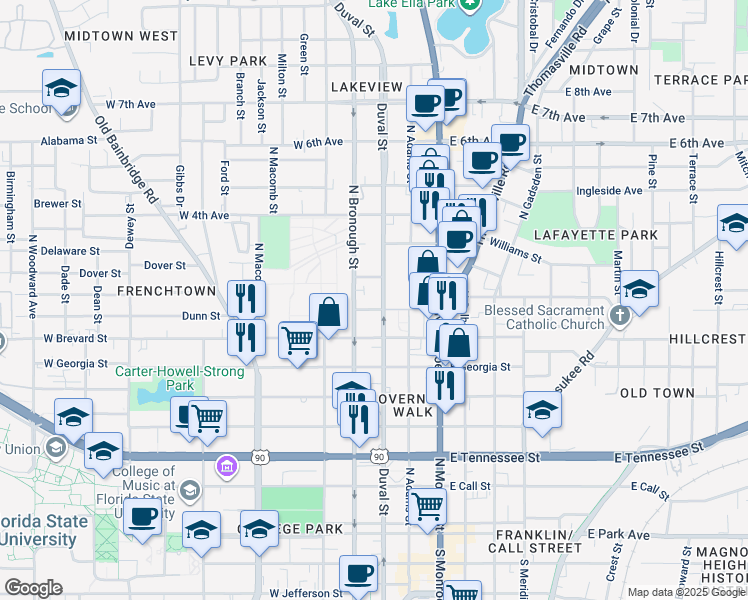 map of restaurants, bars, coffee shops, grocery stores, and more near 210 West 1st Avenue in Tallahassee