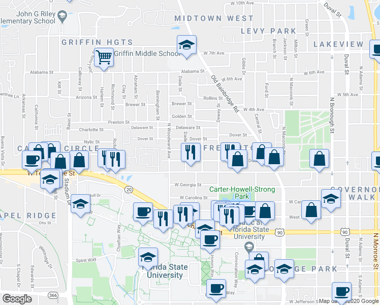 map of restaurants, bars, coffee shops, grocery stores, and more near 840 Dunn Street in Tallahassee