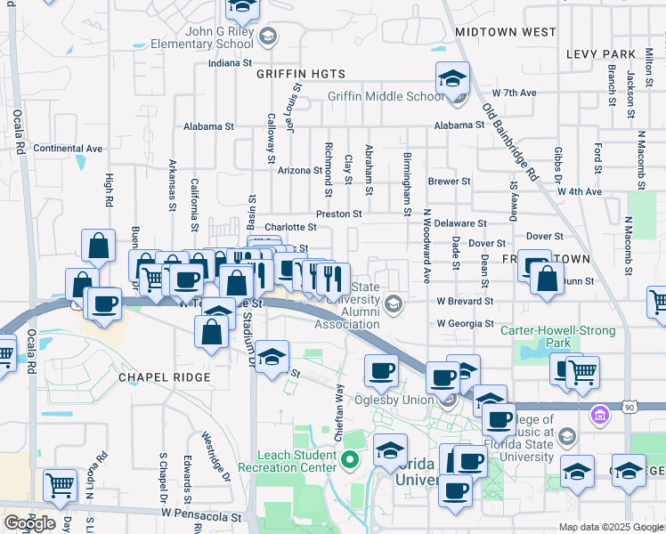 map of restaurants, bars, coffee shops, grocery stores, and more near 1000 West Brevard Street in Tallahassee