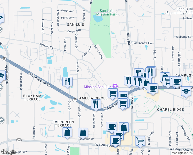 map of restaurants, bars, coffee shops, grocery stores, and more near 2199 Timberwood Circle North in Tallahassee