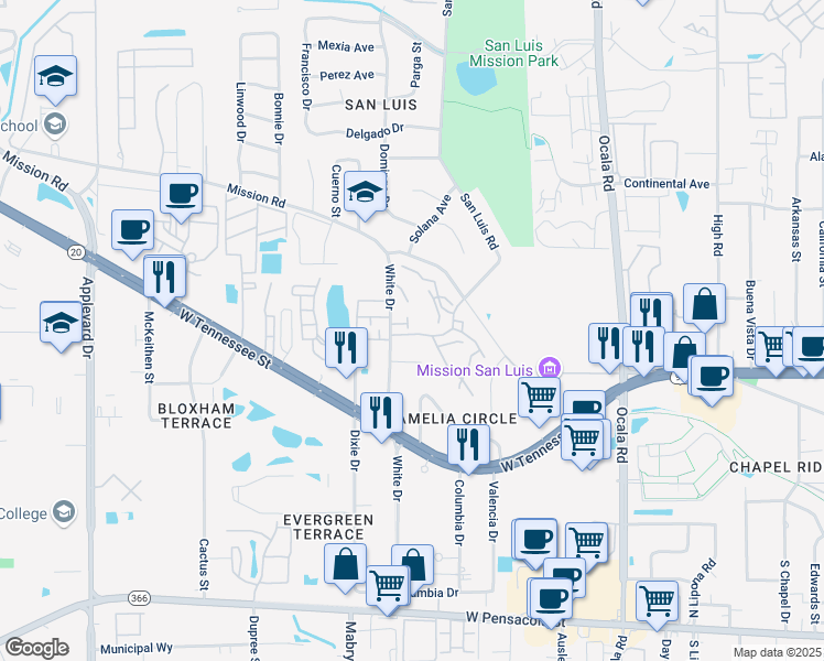 map of restaurants, bars, coffee shops, grocery stores, and more near 735 White Drive in Tallahassee