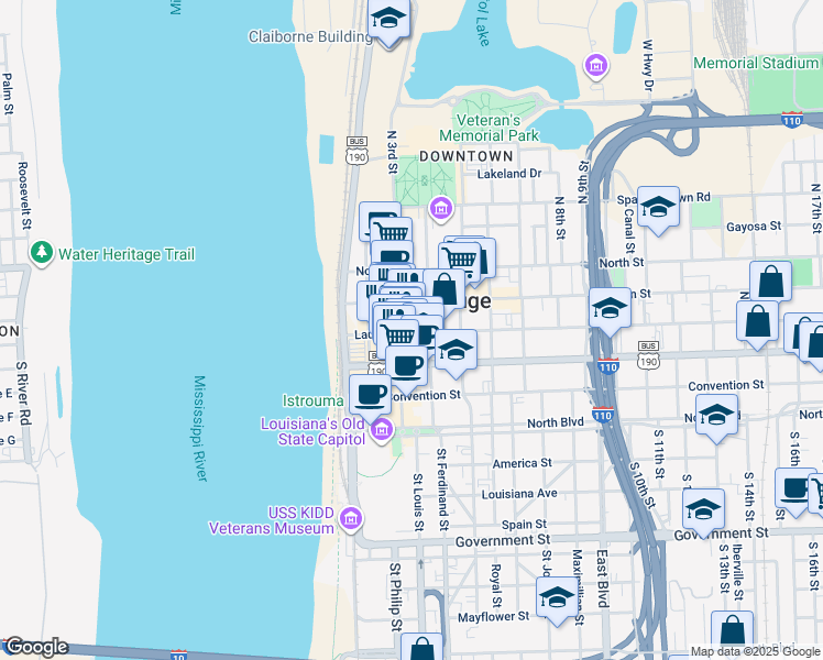 map of restaurants, bars, coffee shops, grocery stores, and more near 336 3rd Street in Baton Rouge