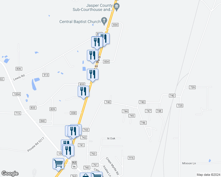 map of restaurants, bars, coffee shops, grocery stores, and more near 1384 County Road 725 in Buna