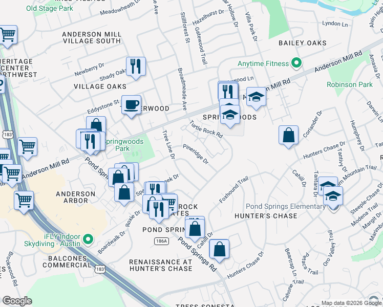 map of restaurants, bars, coffee shops, grocery stores, and more near 8806 Piney Point Drive in Austin