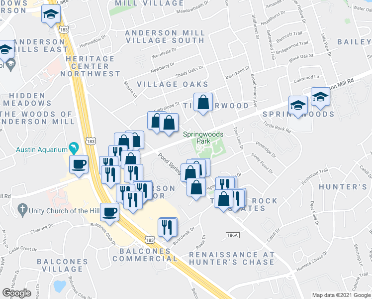map of restaurants, bars, coffee shops, grocery stores, and more near 9219 Anderson Mill Road in Austin