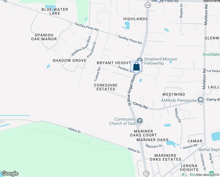 map of restaurants, bars, coffee shops, grocery stores, and more near 5825 Scotland Road in Pensacola