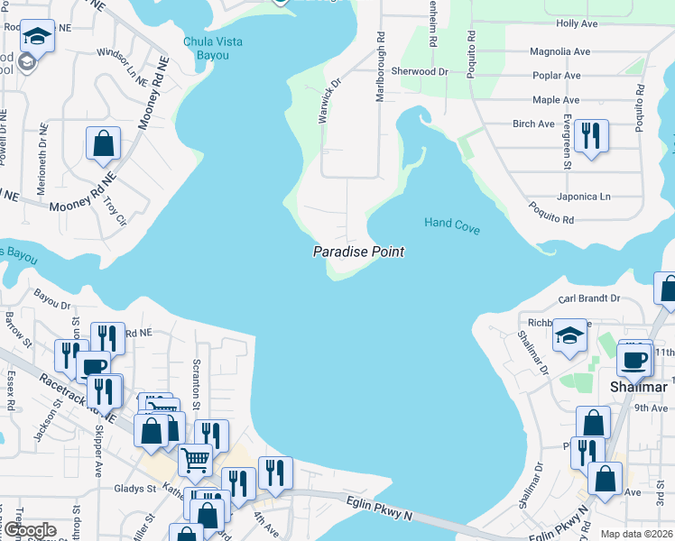 map of restaurants, bars, coffee shops, grocery stores, and more near 11 Paradise Point Road in Shalimar