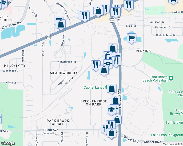 map of restaurants, bars, coffee shops, grocery stores, and more near 2735-2755 Power Mill Ct in Tallahassee