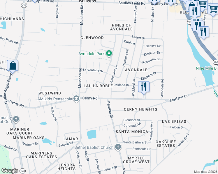 map of restaurants, bars, coffee shops, grocery stores, and more near 5625 Graymont Lane in Pensacola