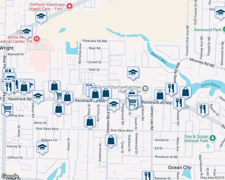 map of restaurants, bars, coffee shops, grocery stores, and more near 214 Racetrack Road Northwest in Fort Walton Beach