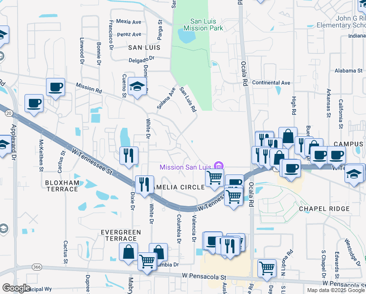 map of restaurants, bars, coffee shops, grocery stores, and more near 2199 Timberwood Circle North in Tallahassee