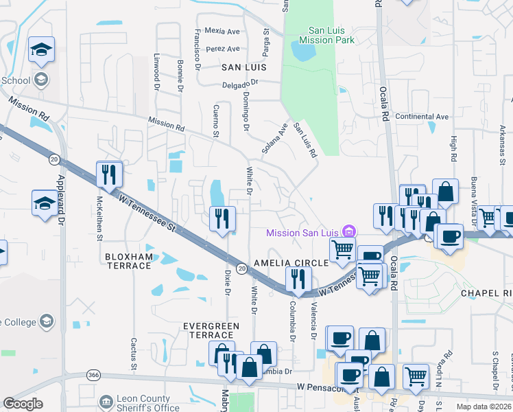 map of restaurants, bars, coffee shops, grocery stores, and more near 741 White Drive in Tallahassee