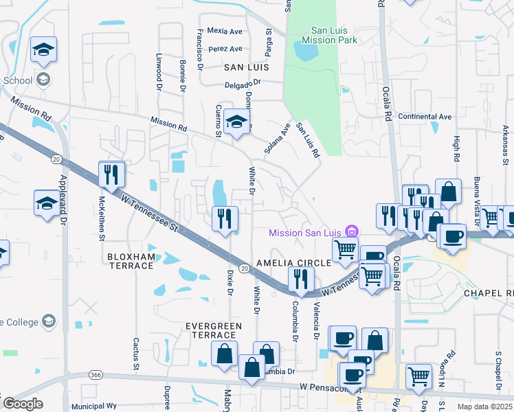 map of restaurants, bars, coffee shops, grocery stores, and more near 741 White Drive in Tallahassee