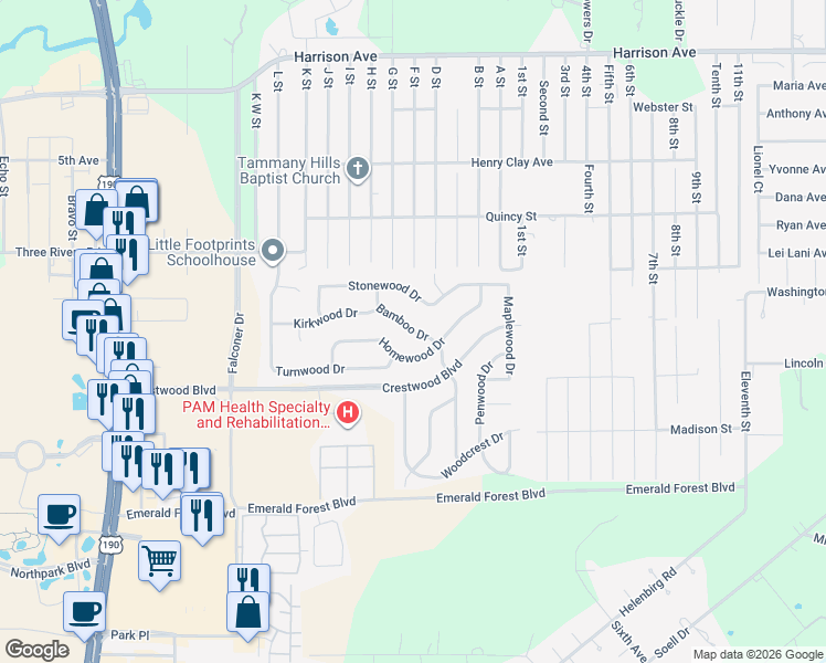 map of restaurants, bars, coffee shops, grocery stores, and more near 211 Bamboo Drive in Covington